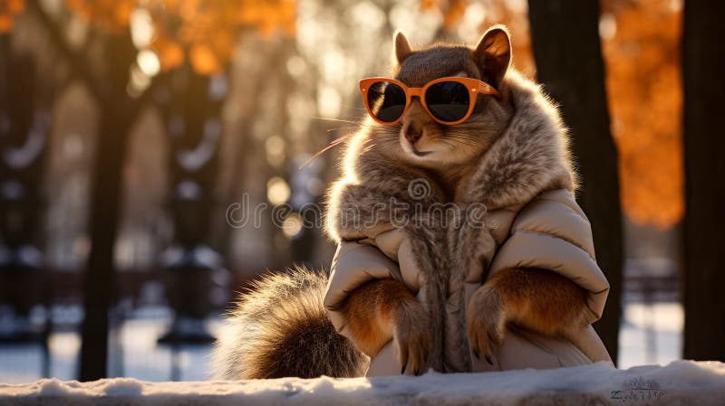 Envision a chic squirrel in a faux fur stole, paired with oversized sunglasses and a statement necklace. Against a backdrop of city parks, it exudes urban sophistication and flair. Mood: trendy and cosmopolitan AI generated. Envision a chic squirrel in a faux fur stole, paired with oversized sunglasses and a statement necklace. Against a backdrop of city parks, it exudes urban sophistication and flair. Mood: trendy and cosmopolitan AI generated