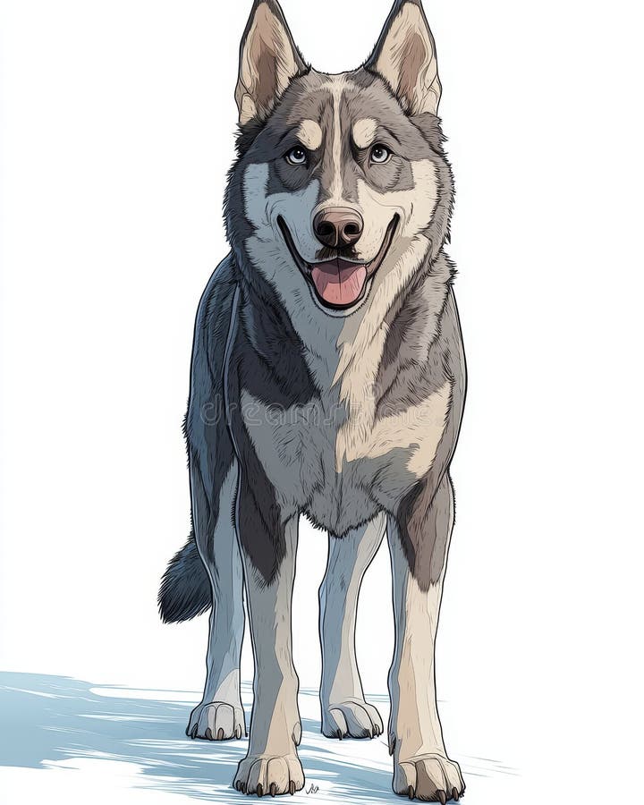 Avec sa position latérale le chien husky de l'Alaska révèle ses yeux brillants bleu onctueux queue et brun et noir photographie stock libre de droits