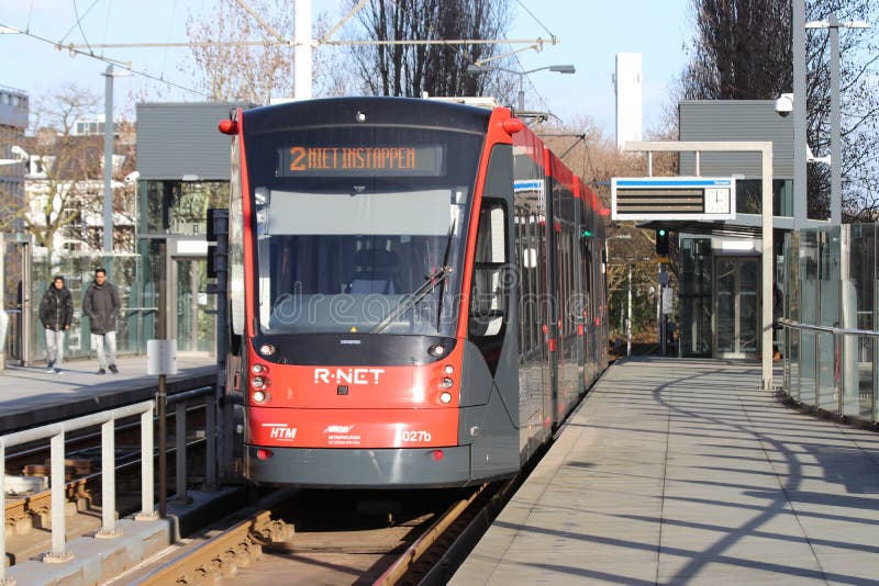 Avenio Siemens train of the HTM R-NET 5027 on line 2 without service at tram station Ternoot in The Hague. stock photos Avenio Siemens train of the HTM R-NET 5027 on line 2 without service at tram station Ternoot in The Hague. stock photos