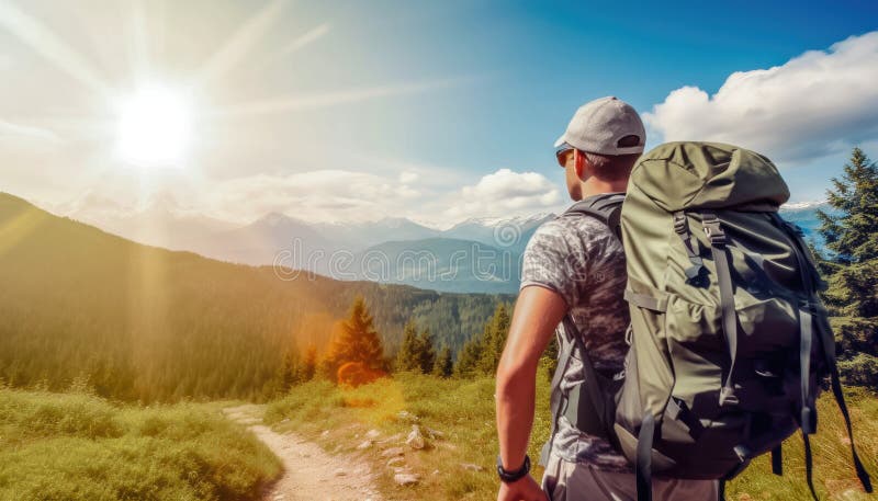 Aventura de senderismo : mochilero explora ai generativo montañoso y terreno montañoso. Experimentar la emoción de una aventura de senderismo mientras un mochilero navega por el terreno montañoso y montañoso con su mochila. esta imagen captura la esencia de los viajes al aire libre y la exploración. ilustración creada por ai generativo