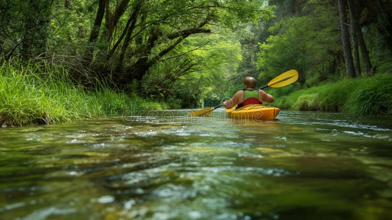Aventura kayak en un río sereno. Una persona en un kayak amarillo chapotea por un río tranquilo flanqueado por la vegetación y los árboles que encarnan una aventura tranquila al aire libre. generado con un ai