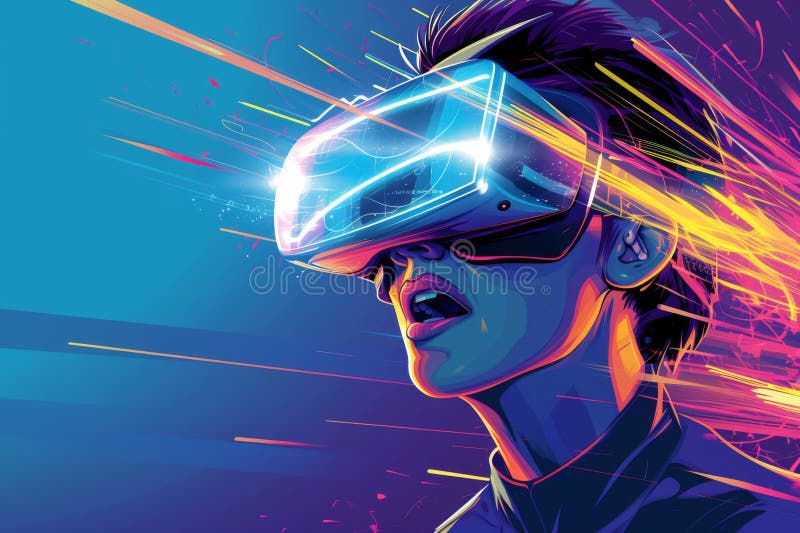 Aventure vr dynamique. personne engagée dans une expérience dynamique de réalité virtuelle images libres de droits