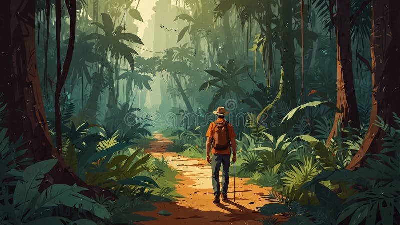 Aventurera caminata a través de un denso camino de selva tropical con luz solar filtrando a través de los árboles libre illustration