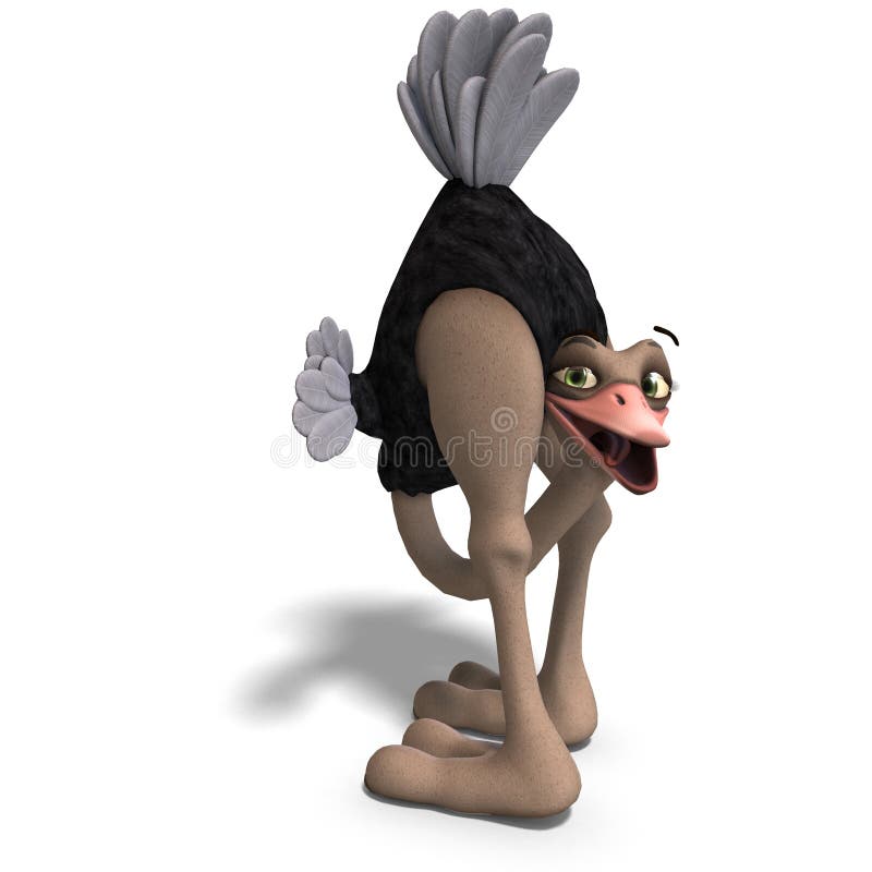 Cute toon ostrich gives so much fun. 3D rendering with clipping path and shadow over white. Cute toon ostrich gives so much fun. 3D rendering with clipping path and shadow over white