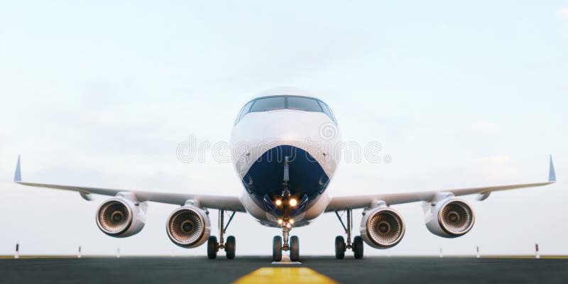 Avi?o comercial branco que est? na pista de decolagem do aeroporto no por do sol A vista dianteira do avi?o do passageiro est? de imagens de stock Avi?o comercial branco que est? na pista de decolagem do aeroporto no por do sol A vista dianteira do avi?o do passageiro est? de imagens de stock