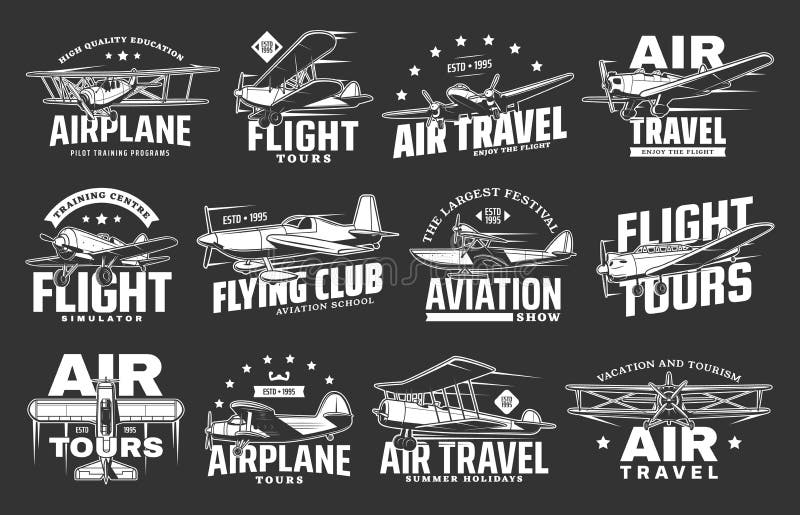 Aviation icons of airlines plane tours, air travel