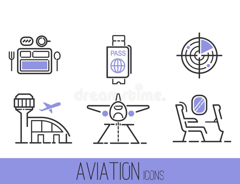 Aviation icons vector set airline outline graphic illustration flight airport transportation passenger design departure. stock illustration Aviation icons vector set airline outline graphic illustration flight airport transportation passenger design departure. stock illustration