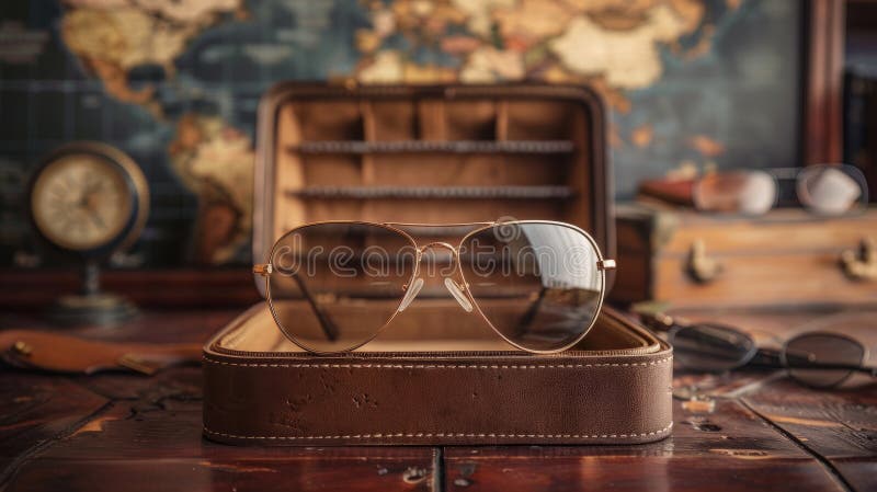Aviator sunglasses in a leather case with a vintage world map background. Versatile image for multiple purposes