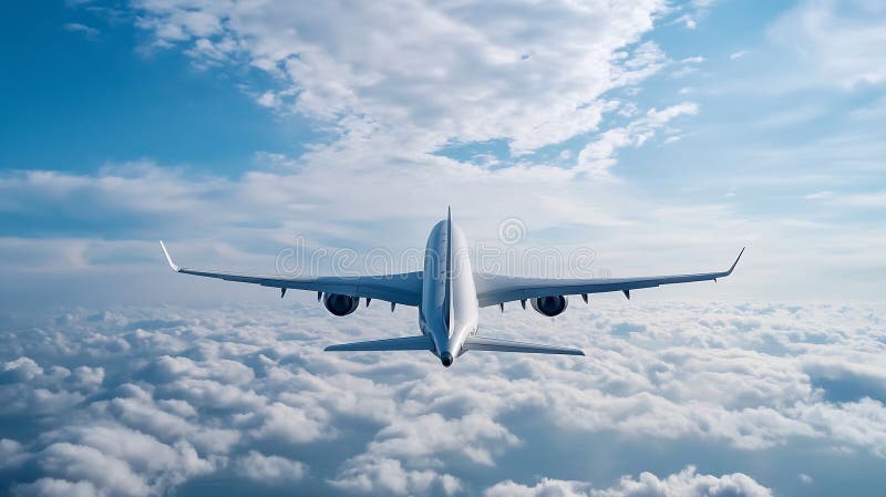 Avion AI Generativ care zboară deasupra norilor sub un cer albastru senin cu nori albaștri moale, ascunzându-se royalty free illustration