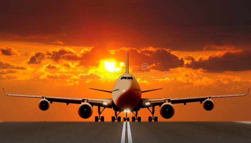 Avion d'air sur la piste au coucher du soleil illustration libre de droits Avion d'air sur la piste au coucher du soleil illustration libre de droits