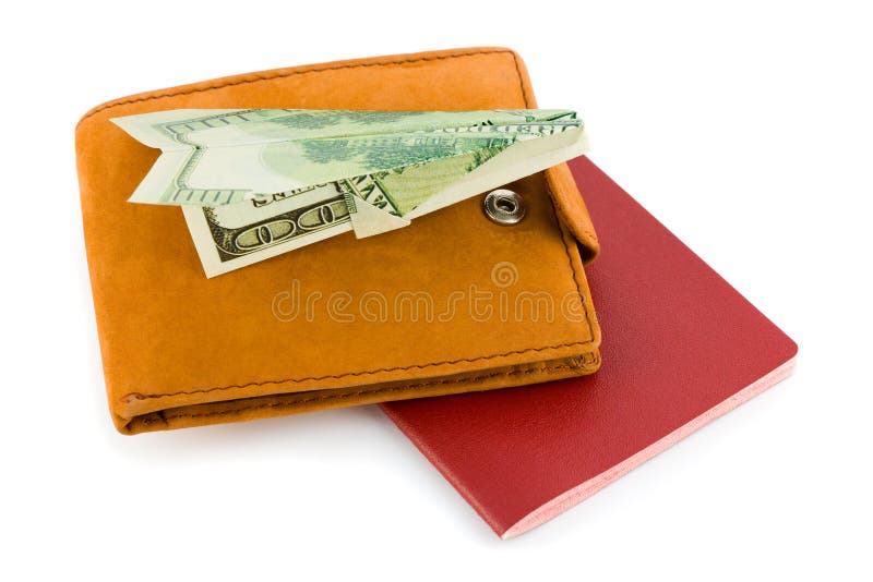 Passport, wallet and money airplane - travel concept, isolated on white background. Passport, wallet and money airplane - travel concept, isolated on white background