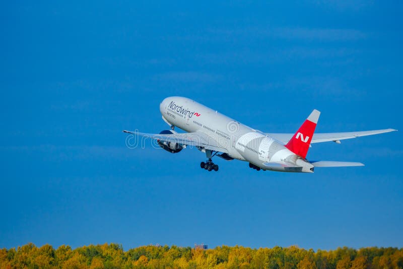 Saint Petersburg, Russia - October 19, 2019: Nordwind airlines company airplane taking-off at Pulkovo airport runway. Saint Petersburg, Russia - October 19, 2019: Nordwind airlines company airplane taking-off at Pulkovo airport runway