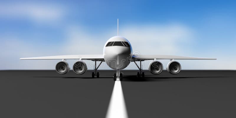 Avion sur la piste d'aéroport, fond de ciel bleu, vue de face illustration 3D illustration libre de droits Avion sur la piste d'aéroport, fond de ciel bleu, vue de face illustration 3D illustration libre de droits