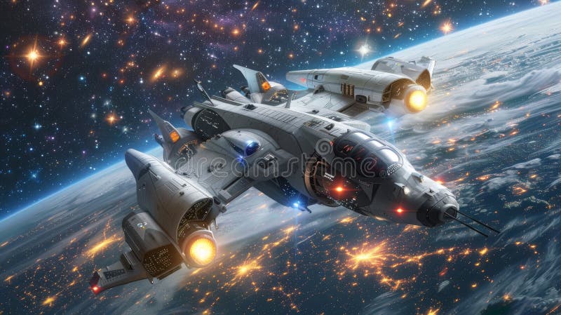 Aviones de combate sobrevuelan el espacio lleno de estrellas. Dos aviones de combate se apresuran a atravesar un vasto espacio lleno de innumerables estrellas. sus poderosos motores los empujan hacia delante dejando tras de sí rayas de luz. el contraste entre el vacío oscuro y las estrellas brillantes contribuye al movimiento dinámico de los chorros. generado por ai