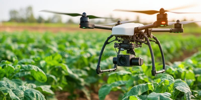 Aviones teledirigidos impulsados por IA sobrevuelan el campo agrícola verde para la vigilancia de cultivos y la agricultura de pre ilustración del vector
