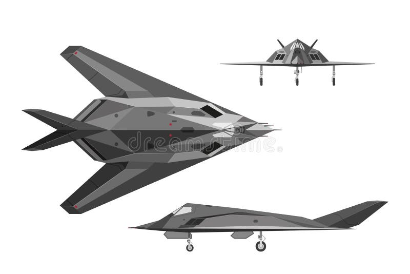 Avions militaires F-117 Avion de guerre dans trois vues : côté, dessus, franc