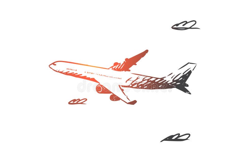 Avião, céu, voo, transporte, conceito da viagem Vetor isolado tirado mão ilustração royalty free Avião, céu, voo, transporte, conceito da viagem Vetor isolado tirado mão ilustração royalty free