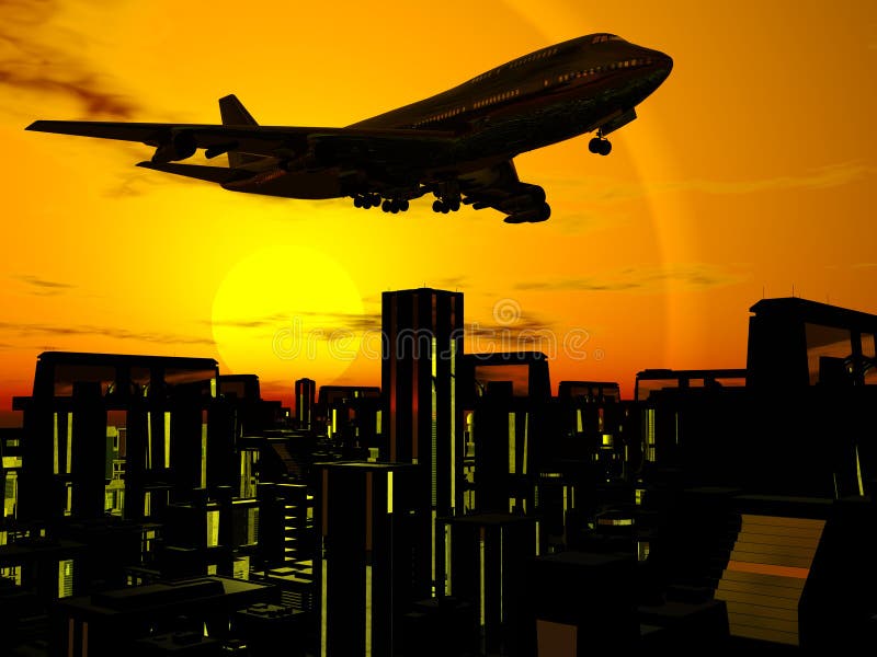 Avião sobre blocos de cidade ilustração royalty free Avião sobre blocos de cidade ilustração royalty free