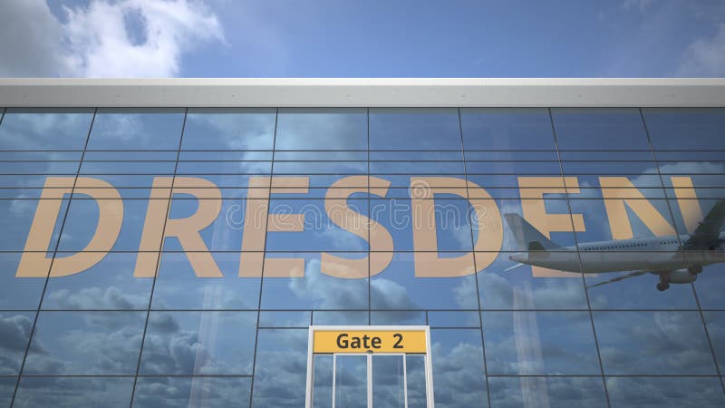 Avión comercial reflectante en terminal de aeropuerto con representación en 3d de texto liso. Texto revelado con avión aterrizando en el edificio 3d del aeropuerto