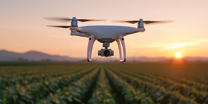 Avión con drones sobrevolando el campo durante la puesta de sol exhibiendo tecnología de automatización agrícola libre illustration