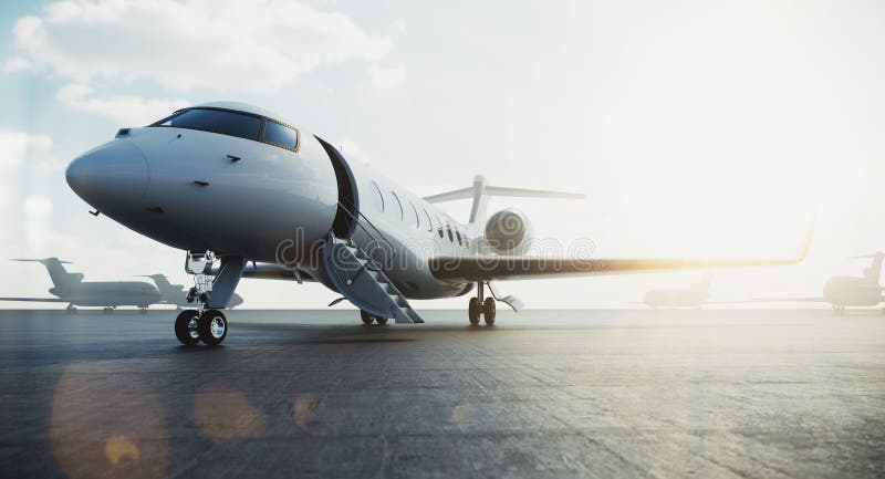 Business class jet airplane parked at airfield and waiting vip persons for take off. Luxury tourism and business travel transportation concept. Flares. 3d rendering. Business class jet airplane parked at airfield and waiting vip persons for take off. Luxury tourism and business travel transportation concept. Flares. 3d rendering