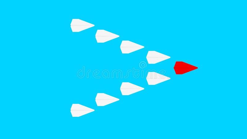 Avión de papel rojo y muchos aviones del Libro Blanco en fondo de los azules turquesa Concepto de la dirección, del trabajo en eq stock de ilustración Avión de papel rojo y muchos aviones del Libro Blanco en fondo de los azules turquesa Concepto de la dirección, del trabajo en eq stock de ilustración