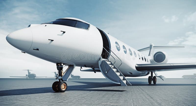 Business private jet airplane parked at airfield and ready for flight. Luxury tourism and business travel transportation concept. 3d rendering. Business private jet airplane parked at airfield and ready for flight. Luxury tourism and business travel transportation concept. 3d rendering