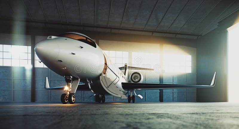 Business private jet airplane parked at maintenance hangar and ready for take off. Luxury tourism and business travel transportation concept. 3d rendering. Business private jet airplane parked at maintenance hangar and ready for take off. Luxury tourism and business travel transportation concept. 3d rendering