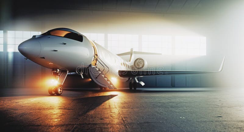 Business private jet airplane parked at terminal and ready to flight. Luxury tourism and business travel transportation concept. 3d rendering. Business private jet airplane parked at terminal and ready to flight. Luxury tourism and business travel transportation concept. 3d rendering