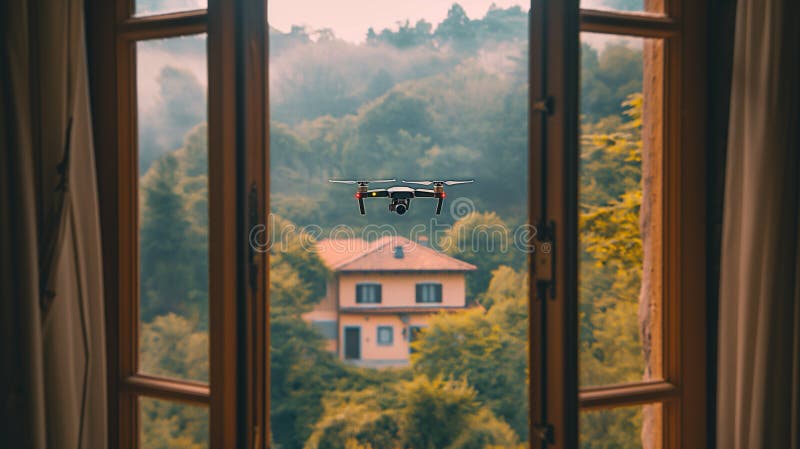 Avión no tripulado lone uav volando justo fuera de la ventana de una casa stock de ilustración