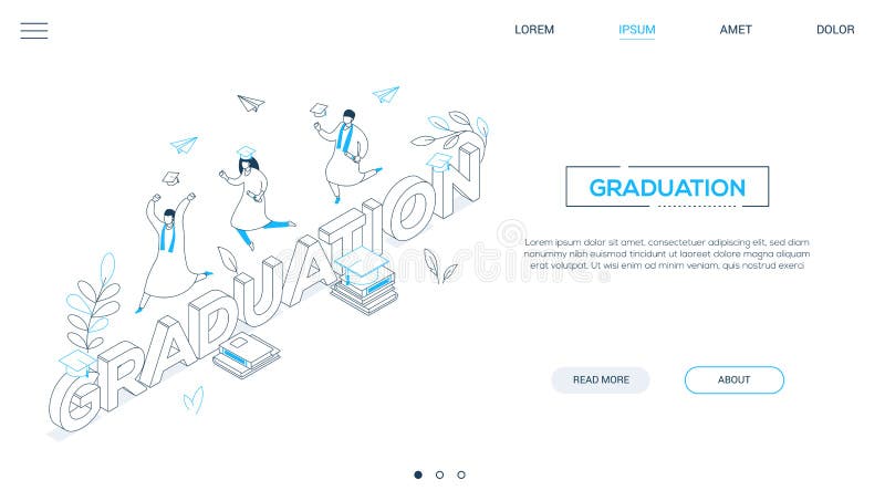Graduation concept - line design style isometric web banner on white background with copy space for text. A header with international students in academic caps, mantles celebrating, holding diplomas
