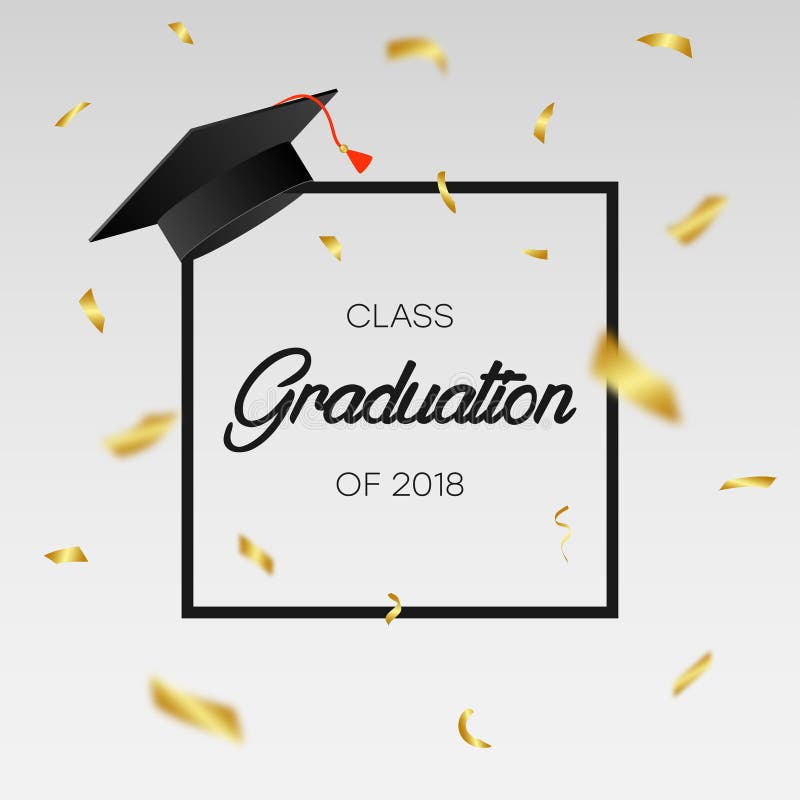 Avlägga examen grupp av 2018 - mall för kort, baner, affisch med guld- konfettier, ram och akademikermössa vektor royaltyfri illustrationer Avlägga examen grupp av 2018 - mall för kort, baner, affisch med guld- konfettier, ram och akademikermössa vektor royaltyfri illustrationer
