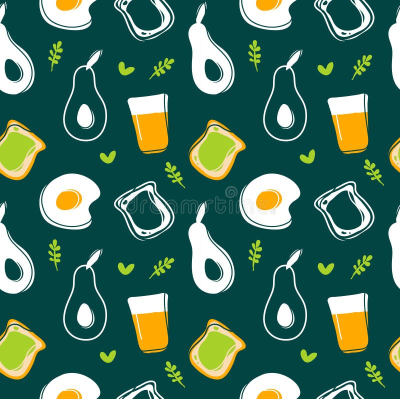 Avocado, bezszwowy wzór, smażący jajka, grzanki i soku, ilustracji Avocado, bezszwowy wzór, smażący jajka, grzanki i soku, ilustracji