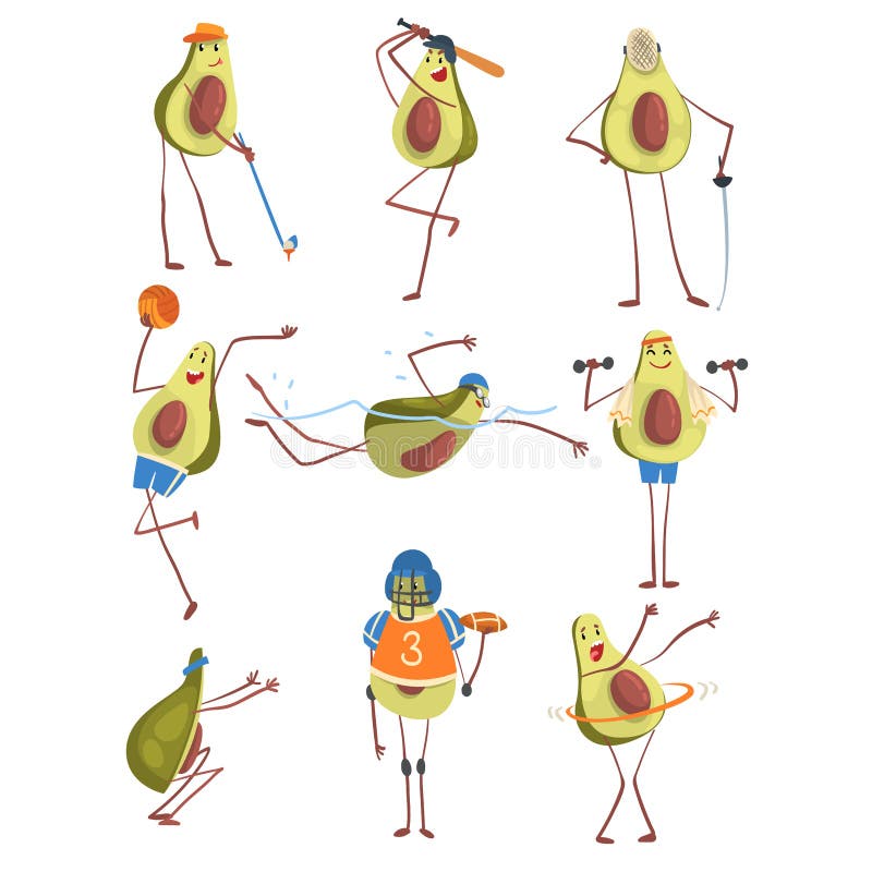Avocado Cartoon Character Doing Sports Set, Funny Exotic Fruit Athlete Playing Volleyball, American Football, Baseball Stock Vector - Illustration of fencer, hula: 151471936 Avocado Cartoon Character Doing Sports Set, Funny Exotic Fruit Athlete Playing Volleyball, American Football, Baseball Stock Vector - Illustration of fencer, hula: 151471936