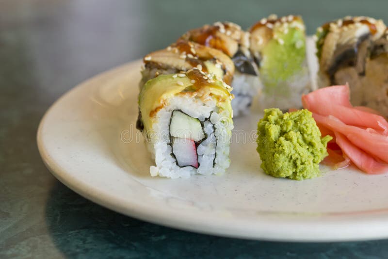Avocado Eel Crab Sushi stock photo. Image of sauce, food 58522834