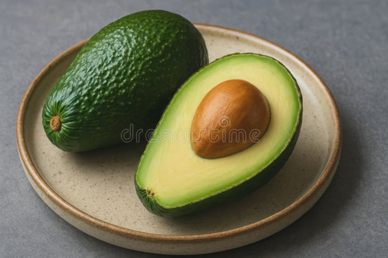 Avocado, färsk mogen, halverad med utsäde på keramiskt plattor stock illustrationer
