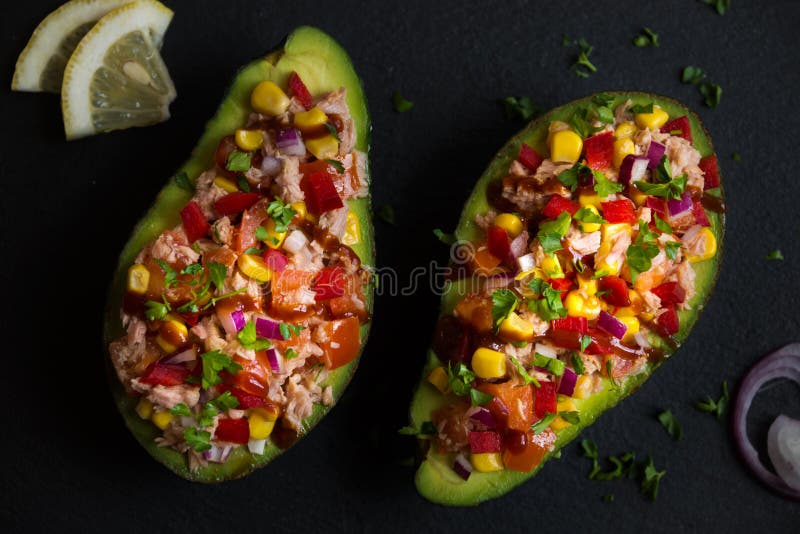 Avocado Halves Stuffed with Tuna Fish and Vegetables Stock Photo Image of avocado, meal 182013944