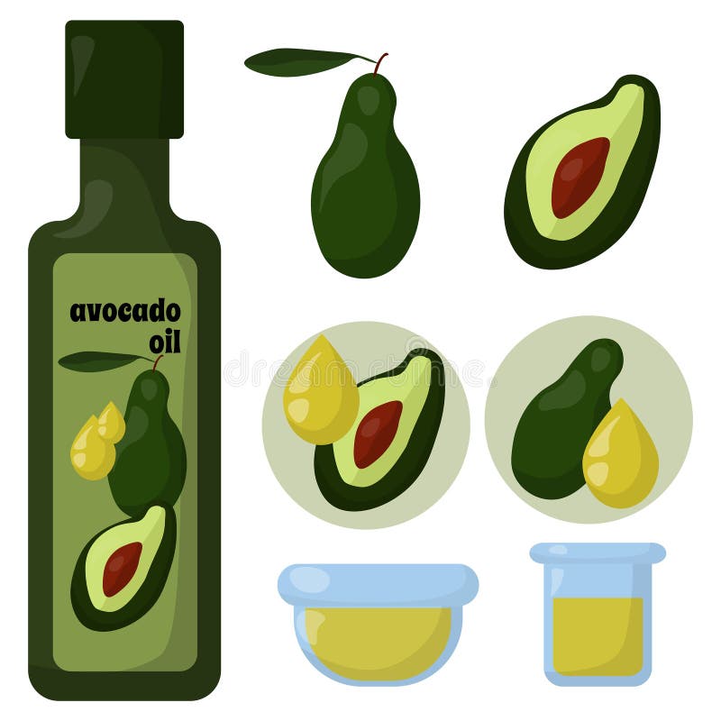 Avocado Oil Set of Elements in Flat Style, Oil Food Product, Design Options Stock Vector