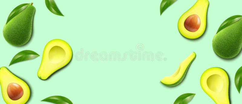 Avocado proaspăt copt care zboară pe fond verde. jumătate întreagă și felii de avocado proaspăt. poate fi utilizat pentru tipărire royalty free illustration