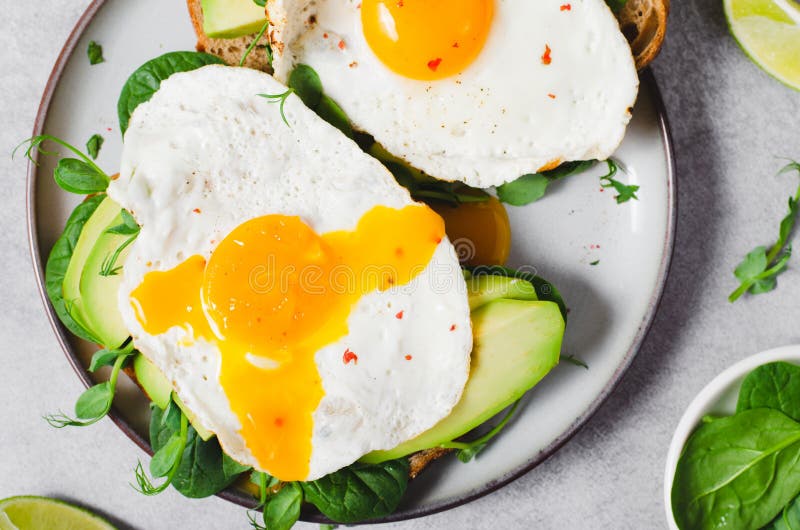 Avocado Sandwich with Fried Egg, Spinach and Green Sprouts, Healthy
