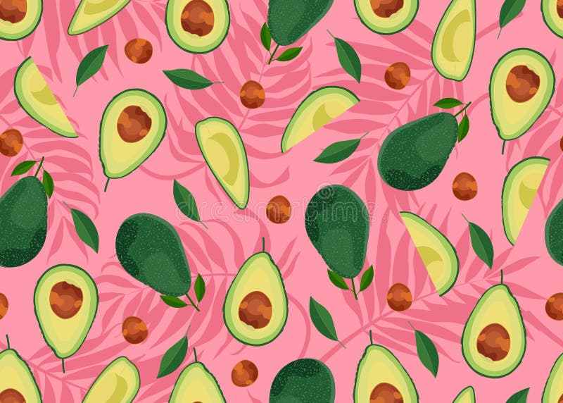 Avocado seamless pattern whole and sliced on pink palm leaves background. Summer background.