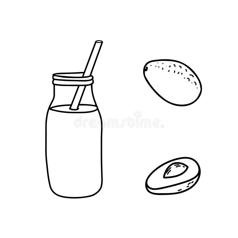 Avocado Smoothie sau Detox Cocktail în flacon cu paie și avocado întreg și jumătate fruct. Vector pentru băuturi sănătoase vector illustration