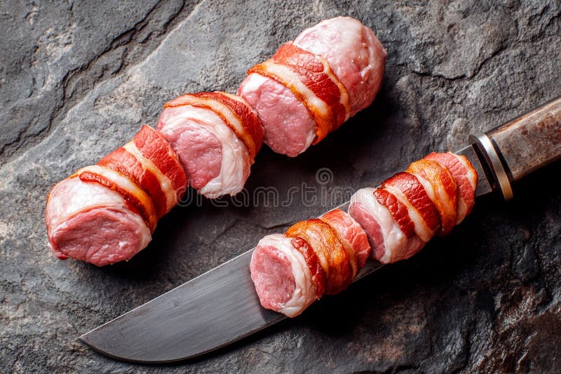 Avsiktligt inslagna köttrullar som beretts för en gourmetspast på en yta av skortiksten. Köttbitar som är elegant inslagna i en skorpande bacon som vilar på en texturerad stensbakgrund. en vass kniv vid antydningen vid kulinariska ljussken som ska komma in i denna gourmetberedning