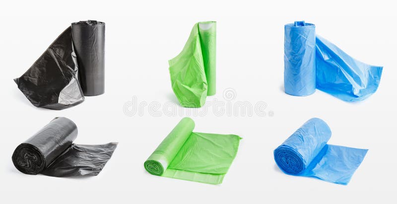 Collage of colored rolls of plastic garbage bags, lying and standing isolated on white background. Collage of colored rolls of plastic garbage bags, lying and standing isolated on white background