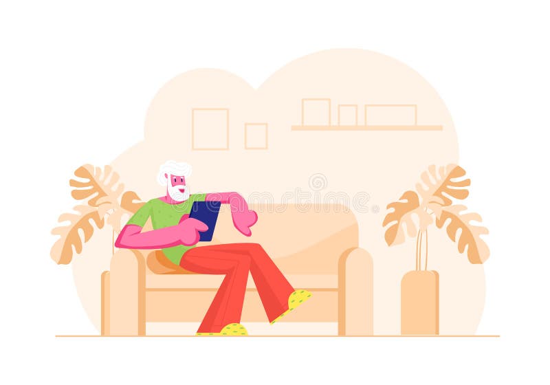 Avslappad, högdragen, vit man som sitter på Sofa med Tablet PC i handläsningsmeddelande eller chattar i sociala medier stock illustrationer Avslappad, högdragen, vit man som sitter på Sofa med Tablet PC i handläsningsmeddelande eller chattar i sociala medier stock illustrationer