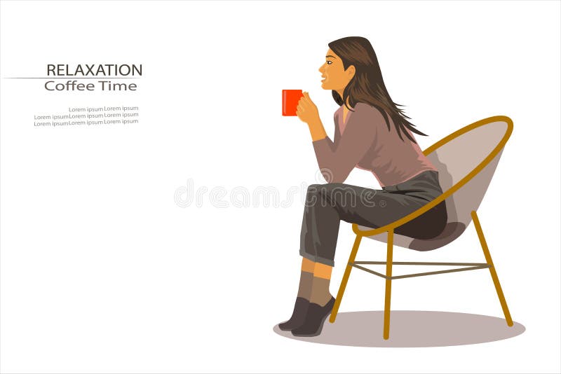 Avslappnande morgonflicka som sitter i bommarstolen på morgonen och som njuter av kaffet tomt utrymme stock illustrationer