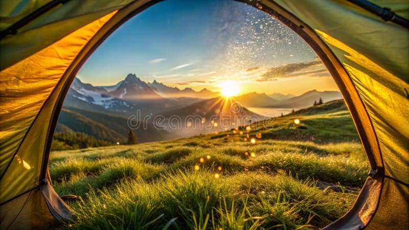 Avslimmande alprestigvy från en campingtält och ett brinnande landskapsfoto från Majestic Peaks och Misty royaltyfri illustrationer