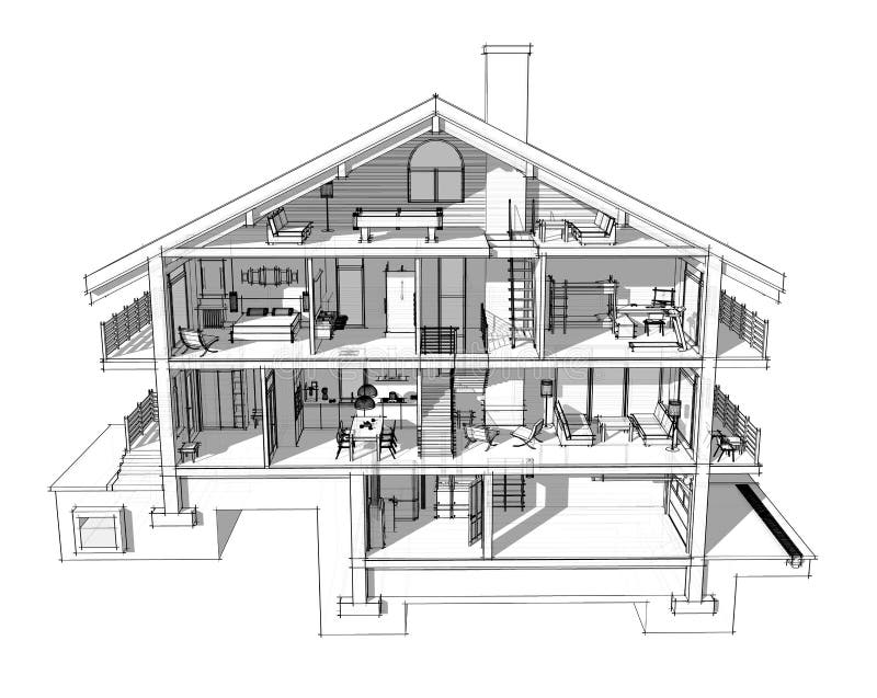 avsnitt 3d av ett landshus stock illustrationer avsnitt 3d av ett landshus stock illustrationer