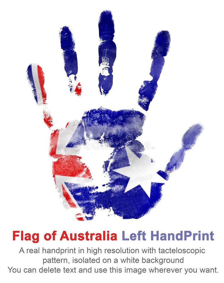 Avtryckvänstersidahanden i färgerna av den australiska flaggan Symboler av Australien vektor illustrationer Avtryckvänstersidahanden i färgerna av den australiska flaggan Symboler av Australien vektor illustrationer
