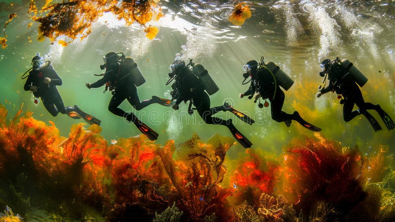Avventura di immersione che esplora misteriose alghe marine e colorate coralline sotto l'acqua royalty illustrazione gratis